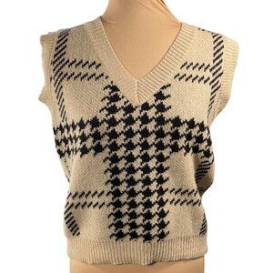 Unbranded Knit Vest V-Neck Black Tan XS Extra Small Houndstooth